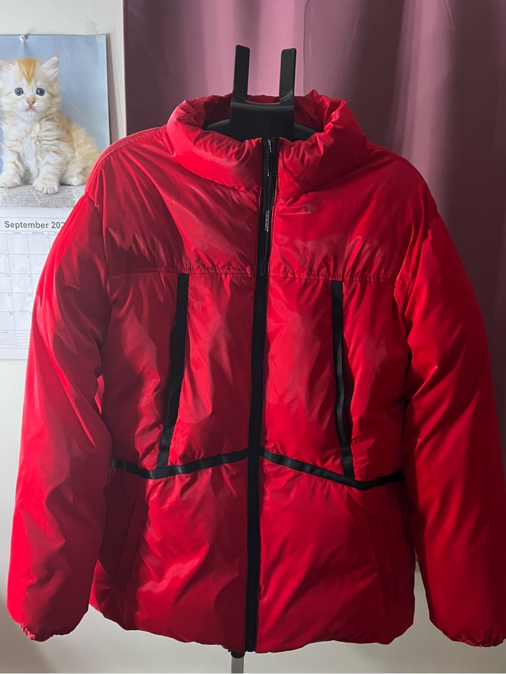 Men's Red Insulated Puffer Jacket with Black Trim